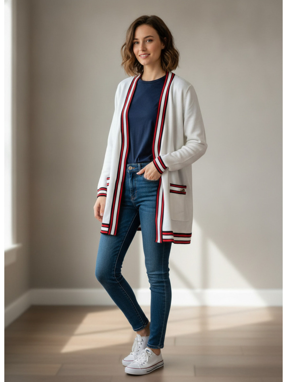 Essentials Milano White Cardigan with Red and Black Trim Large